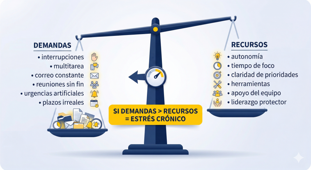 Diagrama demandas y recursos DIAGRAMA: Balanza demandas-recursos aplicada a la gestión del tiempo y productividad sostenible
Lado izquierdo (demandas): interrupciones, multitarea, correo constante, reuniones sin fin, urgencias artificiales, plazos irreales
Lado derecho (recursos): autonomía, tiempo de foco, claridad de prioridades, herramientas, apoyo del equipo, liderazgo protector